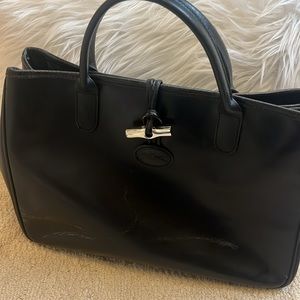 Authentic Longchamp black leather tote bag with silver hardware